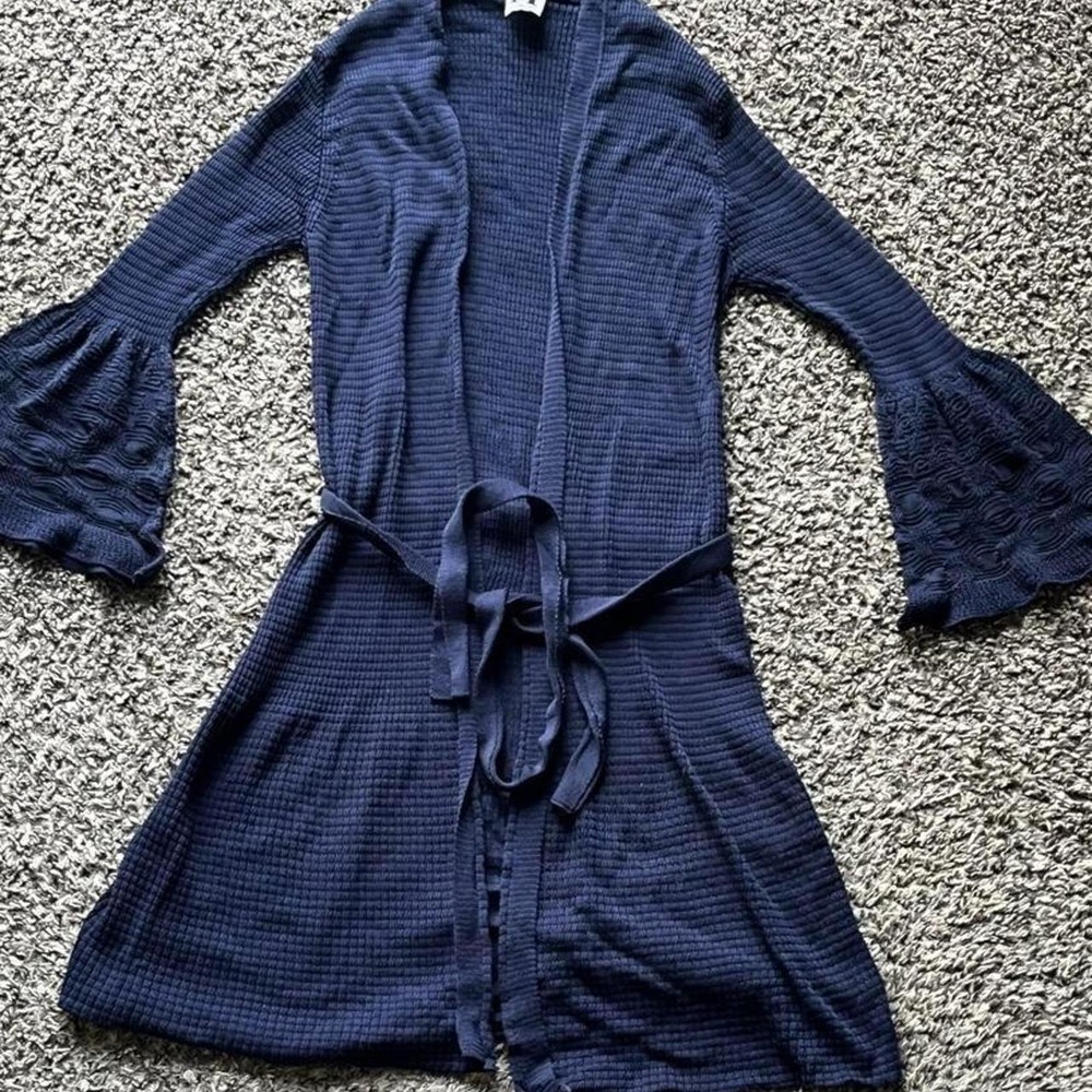Missoni Navy Blue Waffle Knit Cardigan Bell Sleeve Tie Waist EU 44 Medium